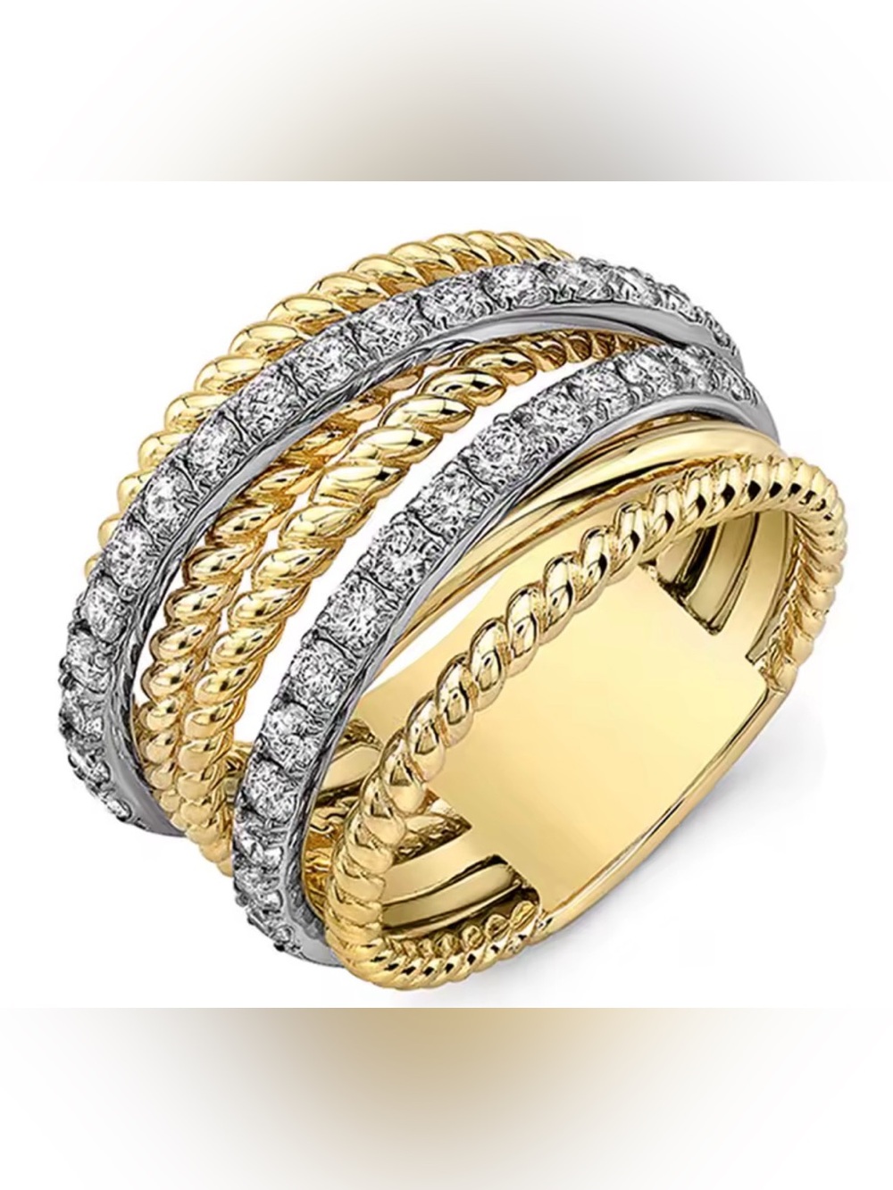 Elegant Two-Tone Gold and Silver Diamond-Style Multi-Band Ring